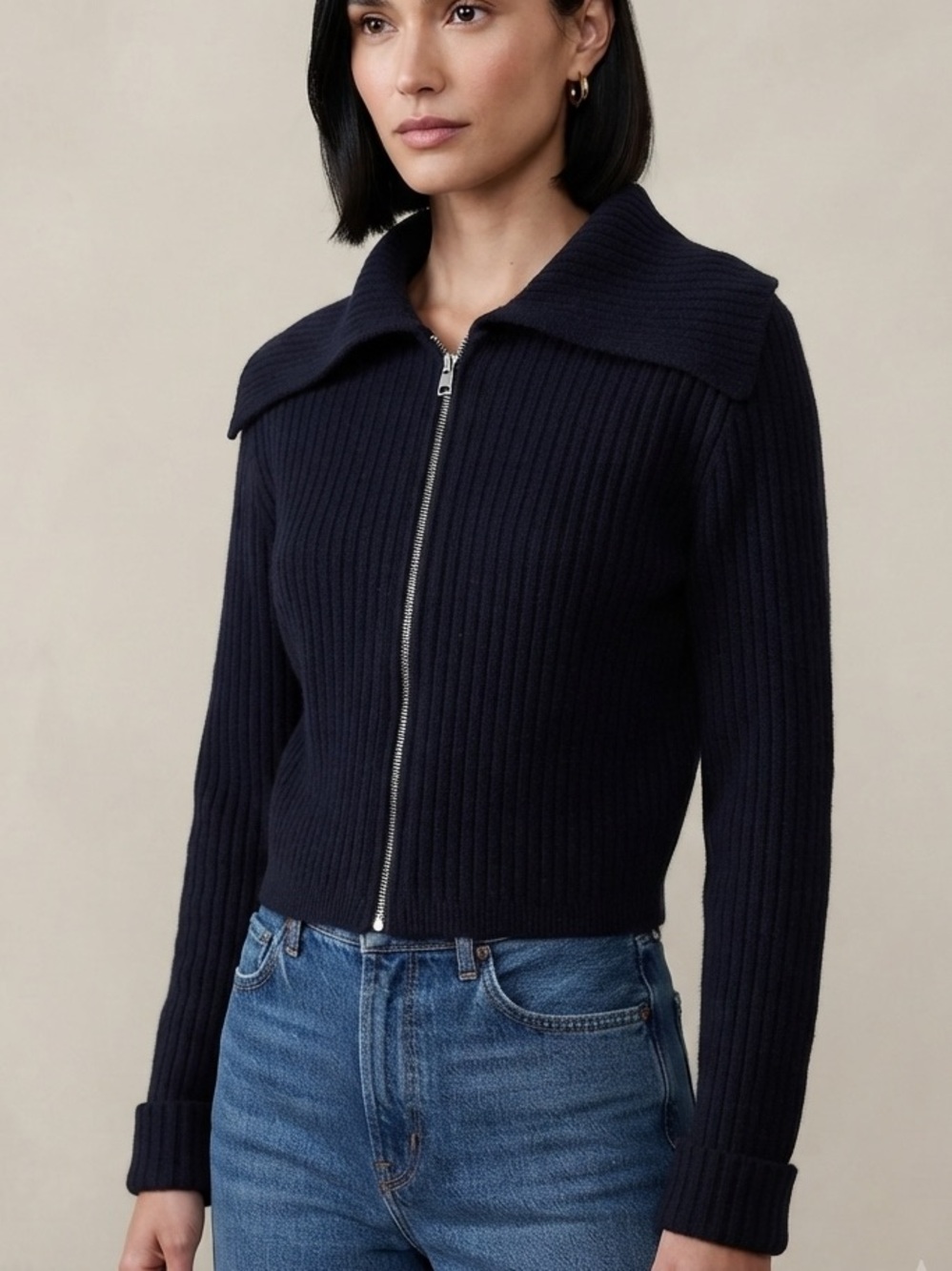 Banana Republic Sz XL Navy Cotton Cashmere Ribbed Full Zip Cardigan Sweater